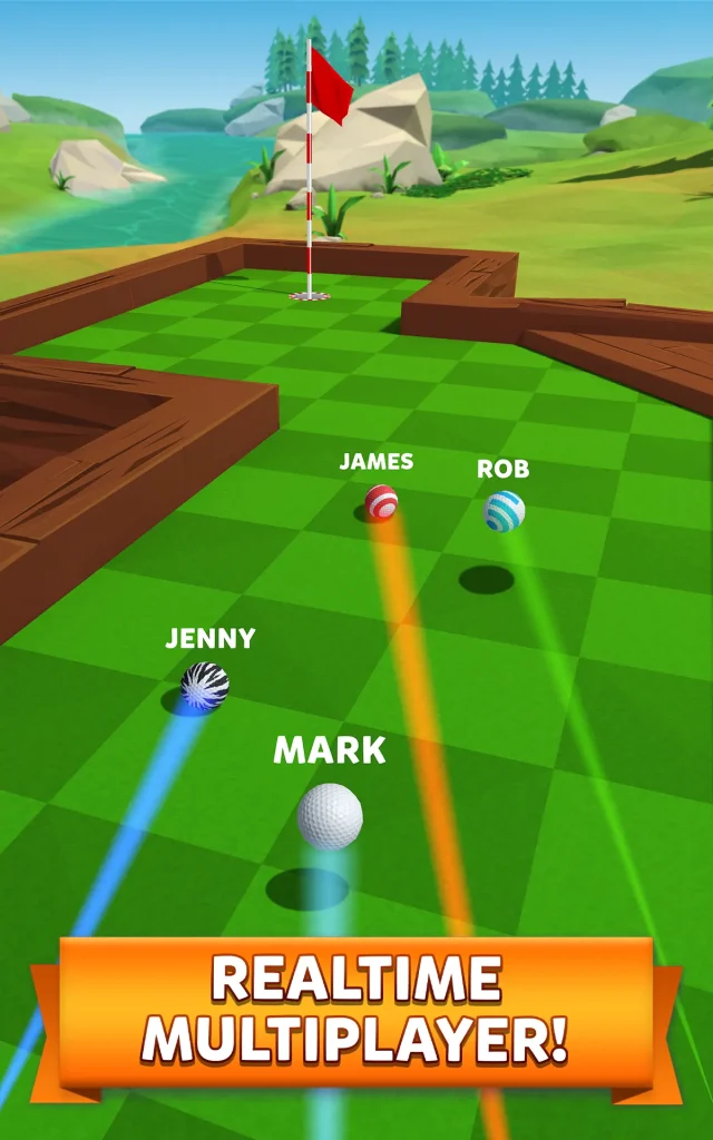 Four players competing on a bright green mini golf course during a real-time multiplayer match in Golf Battle.