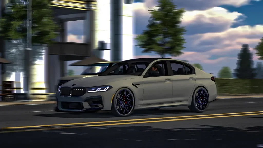 A high-detail luxury sedan driving on a city road with motion blur, showcasing realistic graphics in Car Parking Multiplayer.
