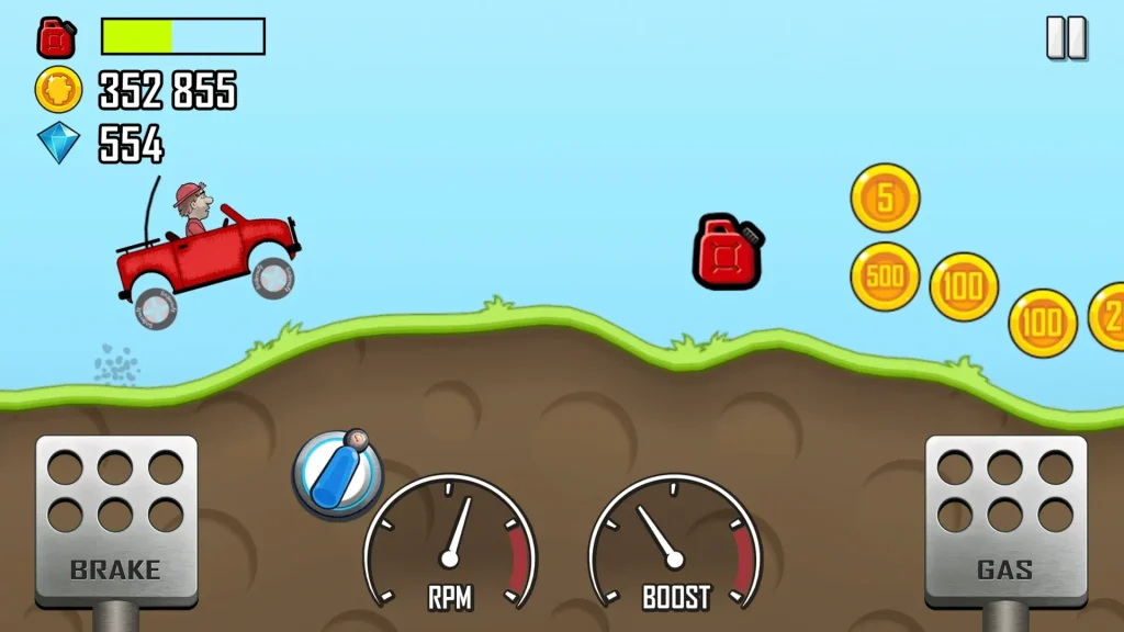 A red jeep climbing a grassy hill in Hill Climb Racing, collecting coins and fuel with speed gauges visible on the screen.