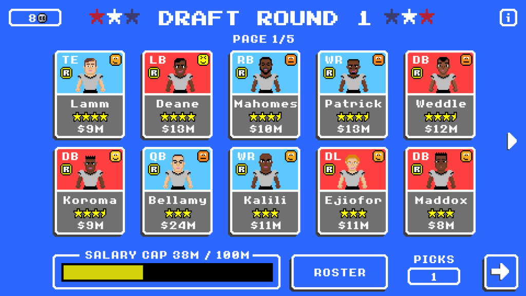 Retro Bowl draft screen displaying player cards, salaries, ratings, and available picks for team building.