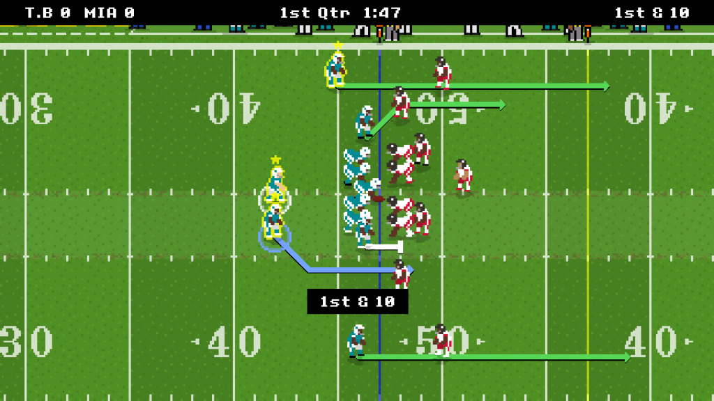 Retro Bowl pixel football field showing offensive routes, player positions, and a 1st and 10 play setup.
