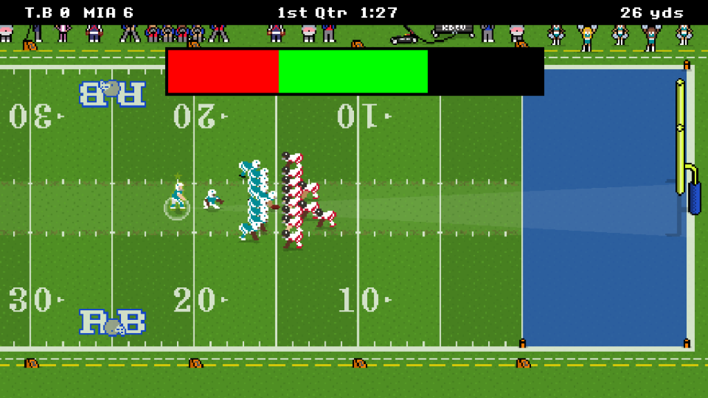 Pixel-style Retro Bowl match showing players lined up on the field with a passing bar and yard lines visible.