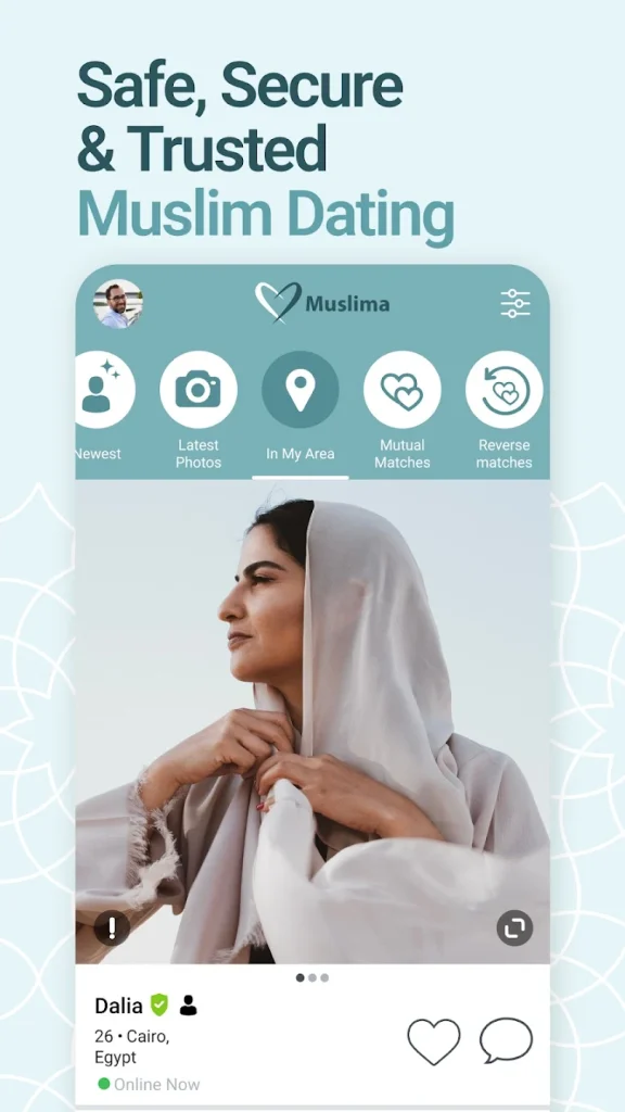 Muslima app interface showing a verified Muslim woman’s profile, highlighting safe, secure, and trusted Muslim dating features.