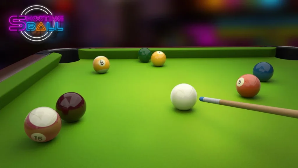 3D billiard table with cue stick aiming at the white ball in Shooting Ball game