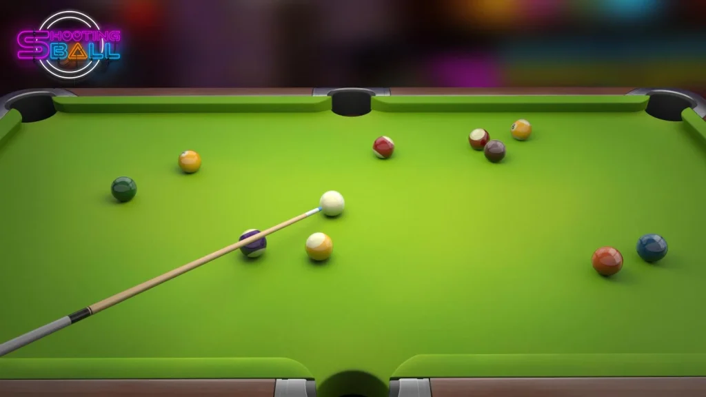 Top view of cue stick lining up a shot on a green billiard table in Shooting Ball