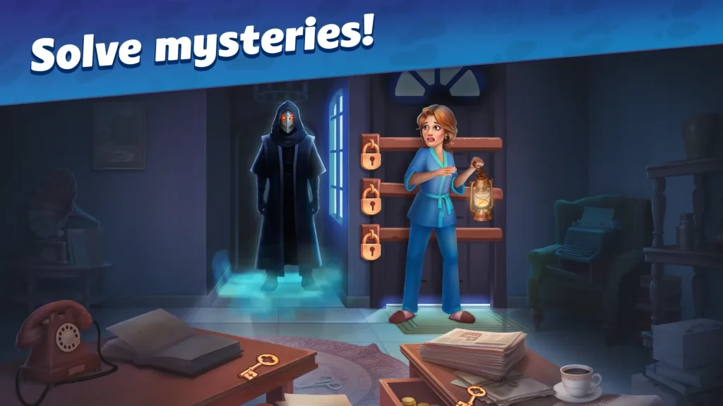 A frightened woman unlocking a door while a hooded figure appears behind her in Mystery Matters MOD APK.