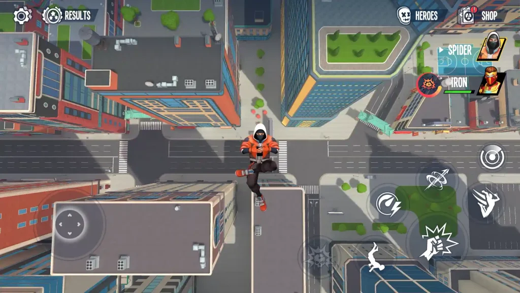 A top-down view of the spider hero swinging between skyscrapers in Spider Fighter 3, showing the city layout from above.