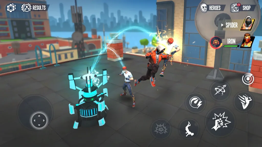 The spider hero performs a jumping combo attack with electric effects against enemies during rooftop gameplay in Spider Fighter 3.