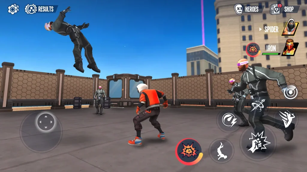 The spider hero fights armed enemies on a rooftop in Spider Fighter 3, using special combat moves and abilities.
