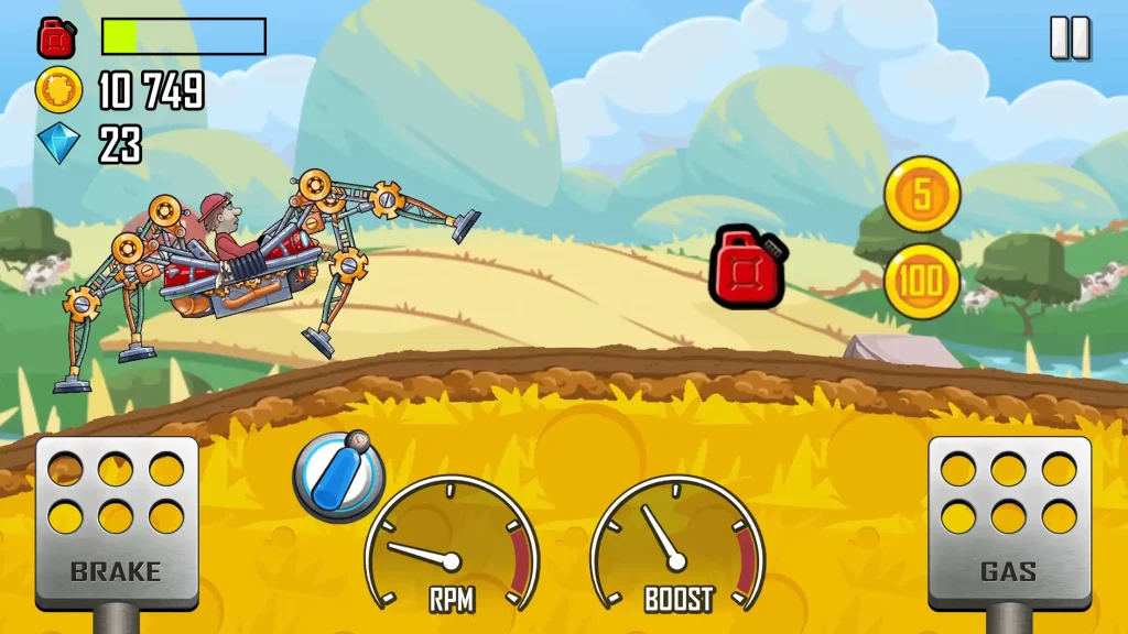A mechanical spider-like vehicle being driven across a farm environment in Hill Climb Racing, with fuel and coins visible on the track.