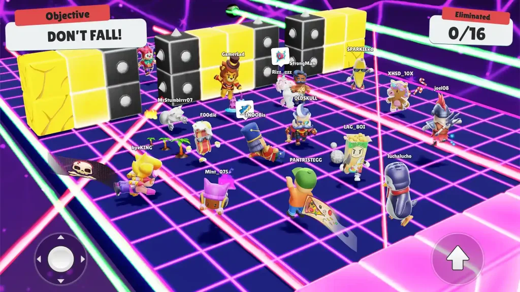 Players compete in a colorful neon-themed Stumble Guys map, trying to avoid falling while moving through shifting blocks and laser obstacles in a multiplayer round.