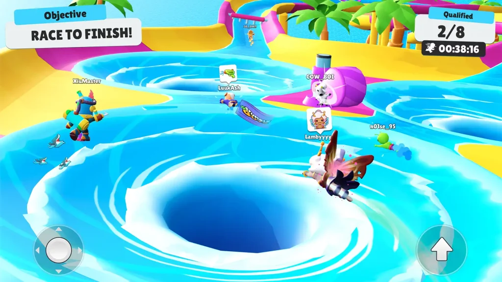 Players race through a bright tropical water slide map in Stumble Guys, trying to avoid the whirlpool and reach the finish line to qualify.