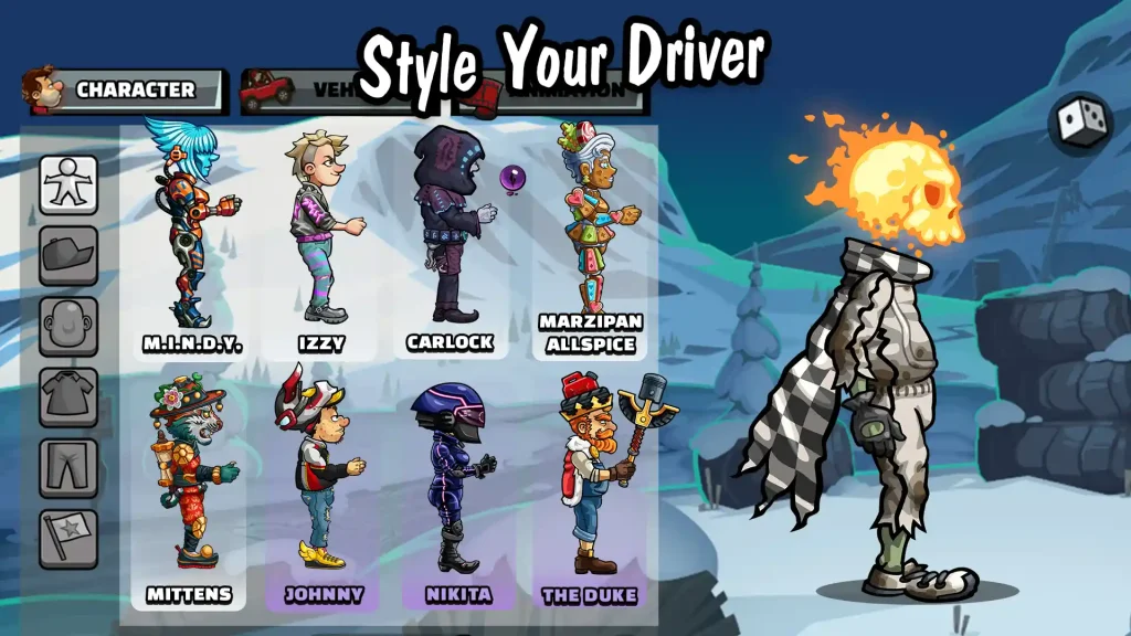 Character selection screen in Hill Climb Racing 2 showing different driver skins and customization options.