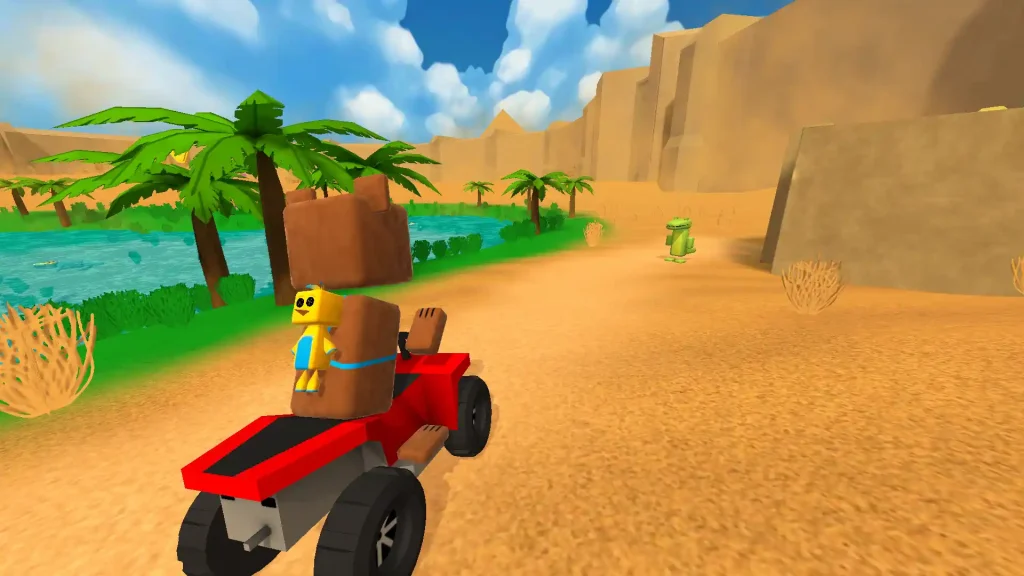 Baaren riding a red vehicle through a desert area in Super Bear Adventure, with palm trees, sand paths, and bright blue skies.