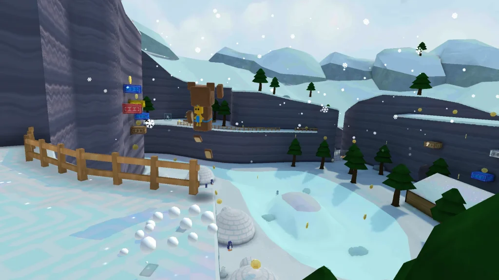 Baaren jumping across snowy platforms in a winter region of Super Bear Adventure, surrounded by mountains, trees, and falling snow.