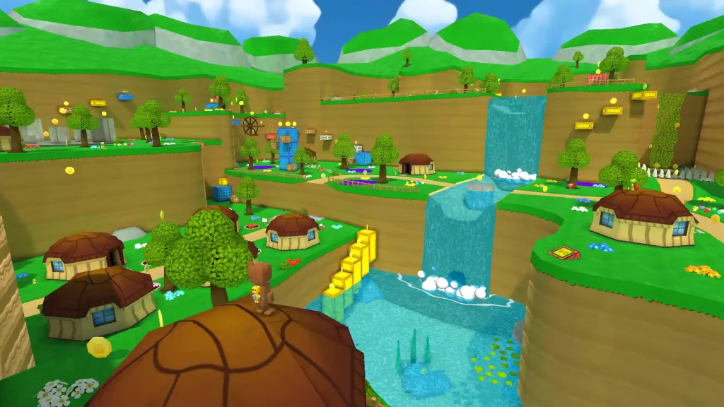 A wide view of the village and waterfall region in Super Bear Adventure, showing houses, trees, coins, platforms, and bright green landscapes.