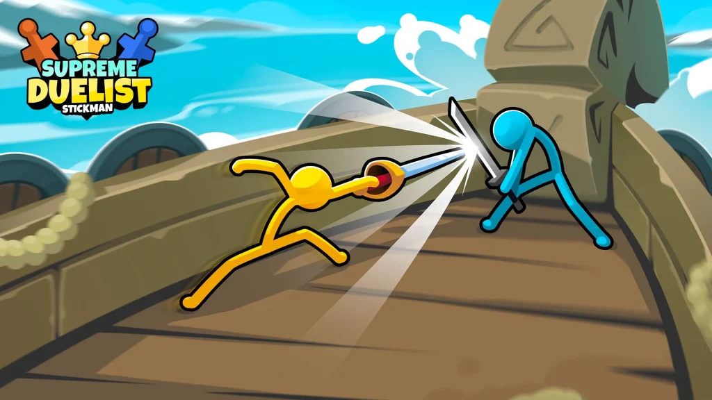 A yellow stick fighter attacking a blue stickman with a sword on a wooden platform under a bright sky in Supreme Duelist Stickman.