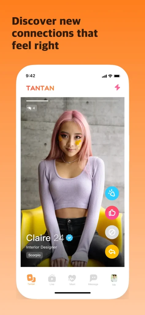 TanTan app interface displaying Claire’s verified profile with discovery tools, swipe options, and a highlighted matchmaking feature.