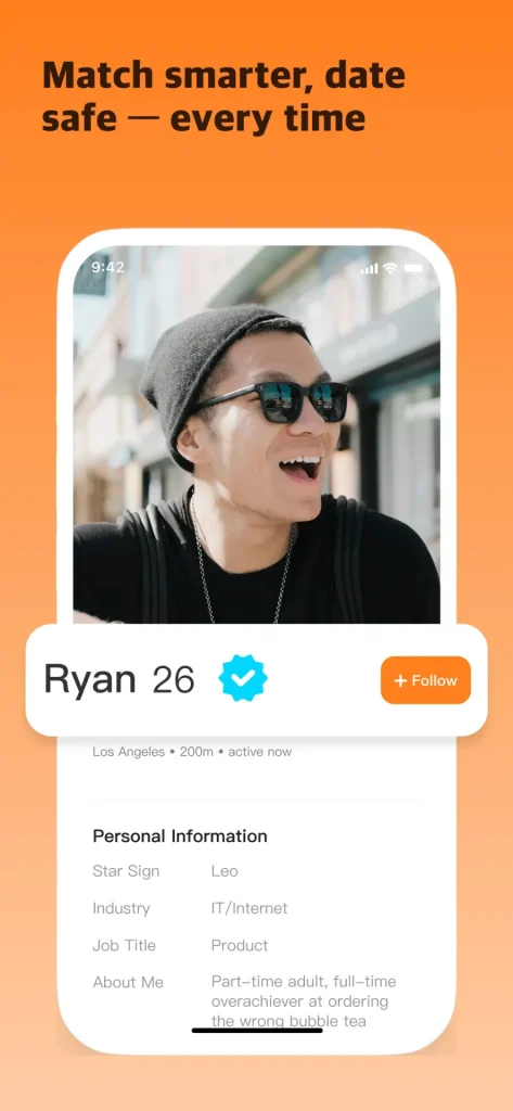 TanTan app profile screen showing a verified user named Ryan with personal information and a safety-focused matching message.