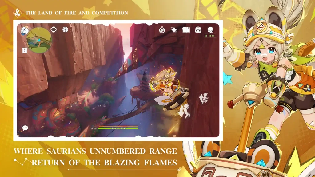 A Genshin Impact character riding a hoverboard in a rocky canyon region, showcasing the Land of Fire and Competition with vivid cliffs and action effects.