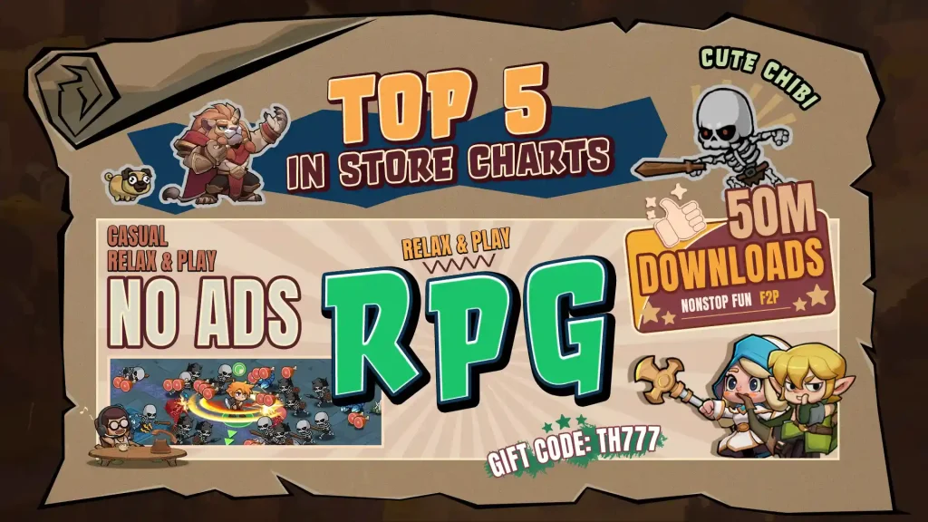 Colorful RPG banner displaying characters, no-ads feature, 50 million downloads, and casual gameplay promotion.