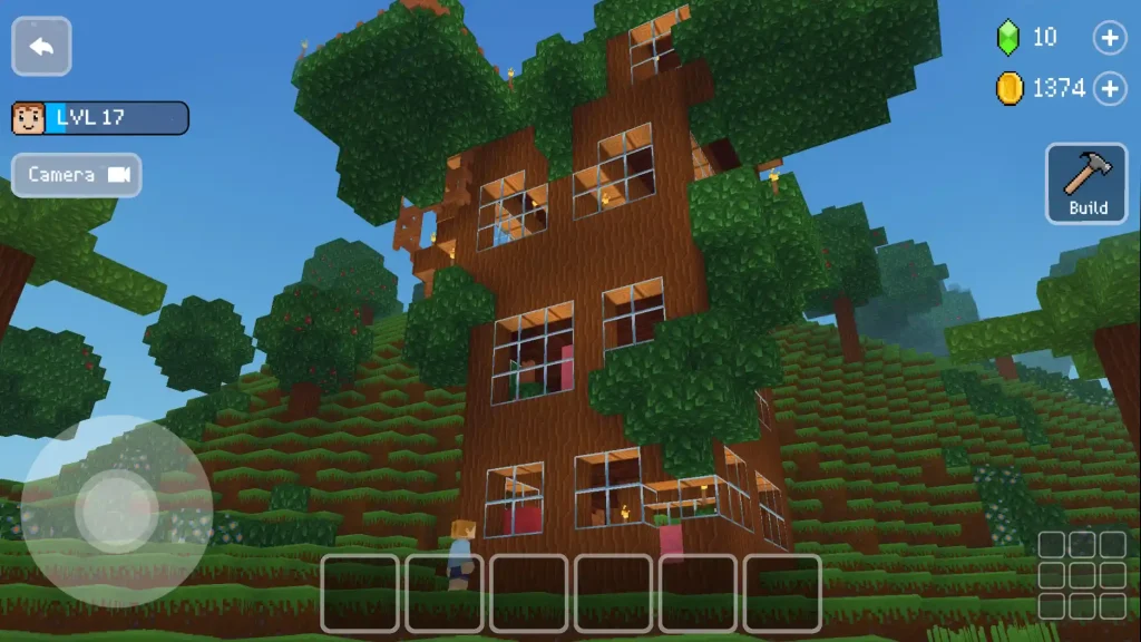 Tall treehouse built with wood and glass surrounded by lush green hills in Block Craft 3D MOD APK.