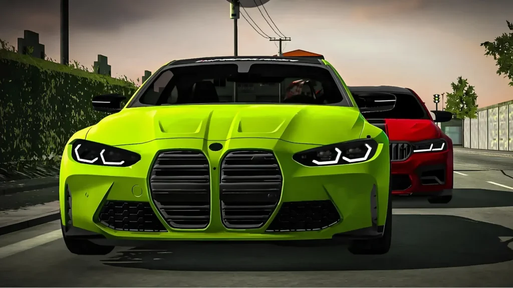 A bright green sports car leading a red car during a road race scene in Car Parking Multiplayer.