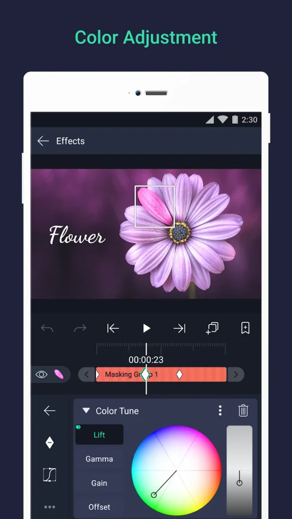 Screenshot of Videoleap’s color adjustment panel with color tune wheel, masking group, lift, gamma, gain, and offset controls applied to a flower image.