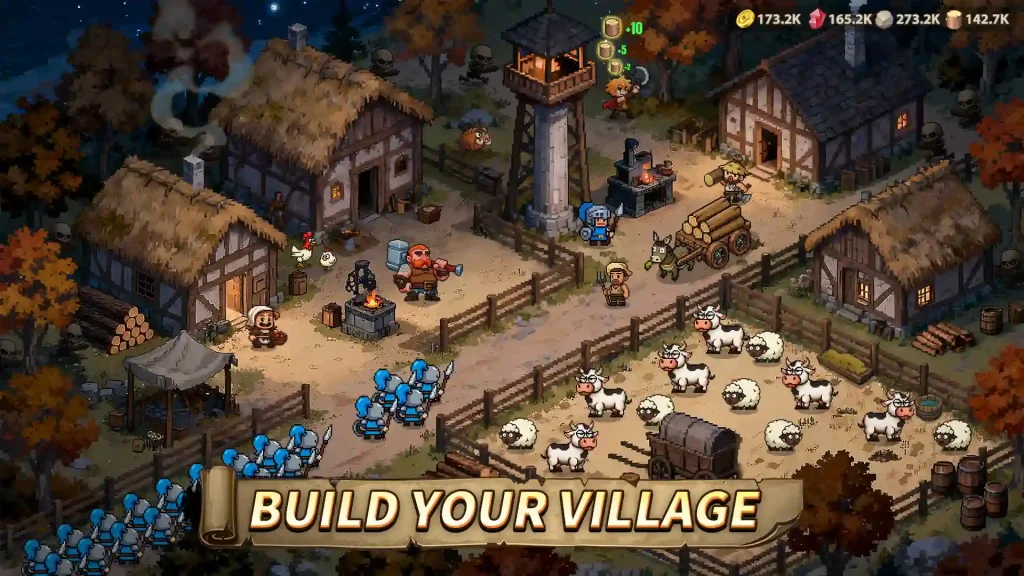 Medieval-style village scene showing workers, guards, animals, and crafting stations, highlighting village construction and farming activities.