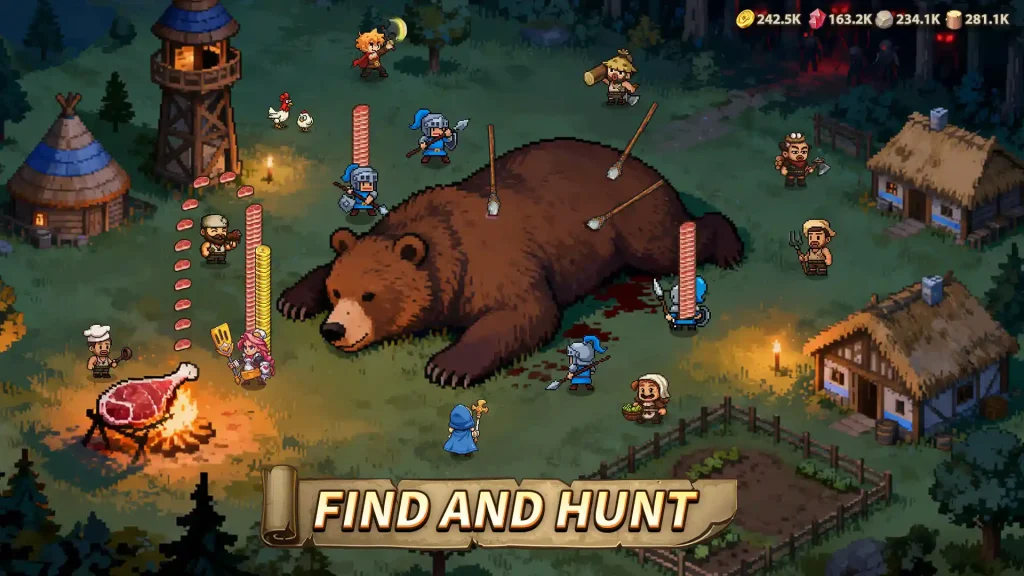 Pixel-style hunters fighting a giant brown bear surrounded by spears, knights, and villagers in a forest setting during a hunting mission.