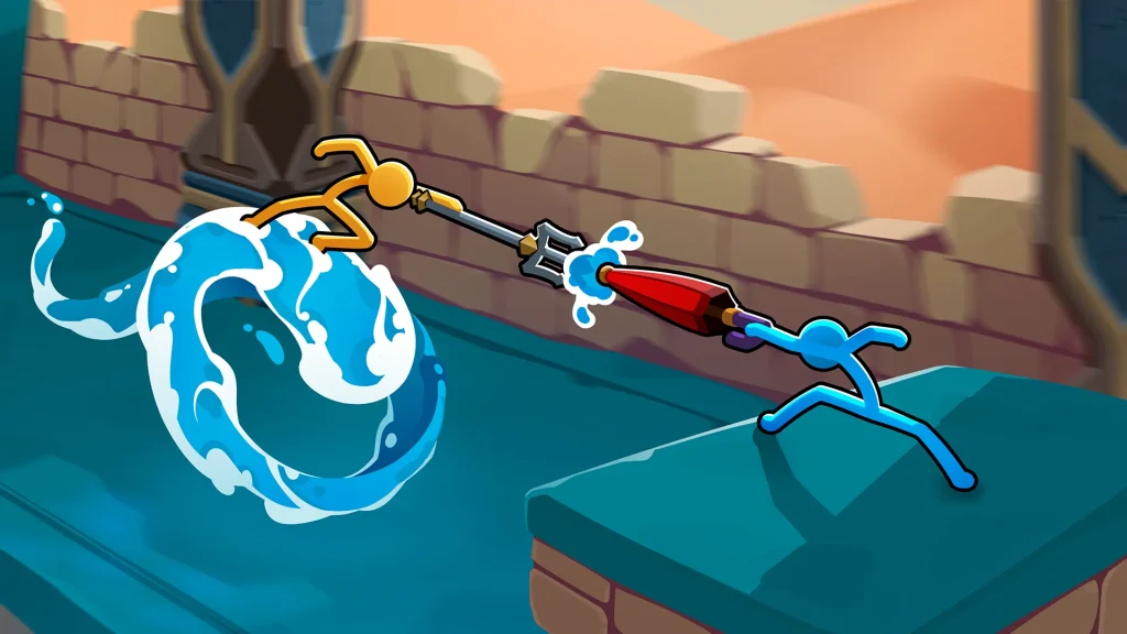 Two stick figures fighting in Supreme Duelist Stickman, with the yellow character using a water-wave weapon against the blue fighter on a stone platform.