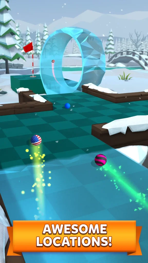 Snowy mini golf arena with colorful golf balls racing through an icy tunnel in Golf Battle.
