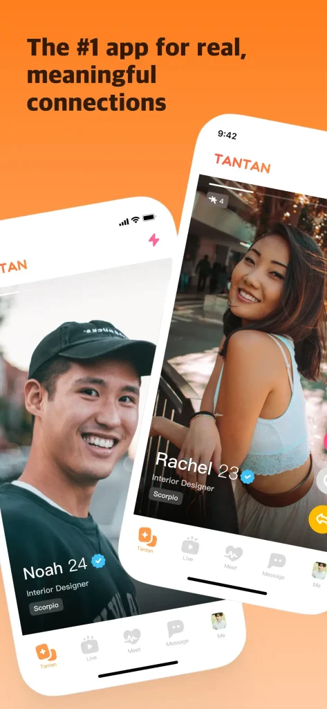 TanTan app showing verified profiles of Noah and Rachel, promoting meaningful connections and trustworthy dating interactions.
