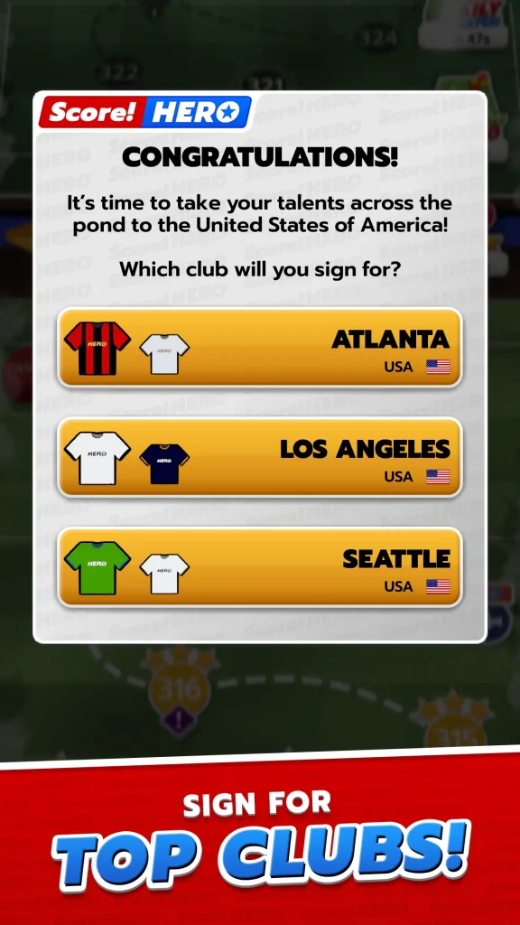 Club signing options showing Atlanta, Los Angeles, and Seattle in Score Hero