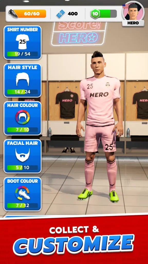 Customizing player appearance including hair, shirt number, and boots in Score Hero