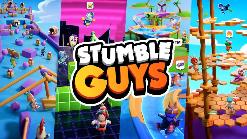 Colorful Stumble Guys gameplay collage showing different obstacle race maps and characters competing to reach the finish line in a fun multiplayer environment.