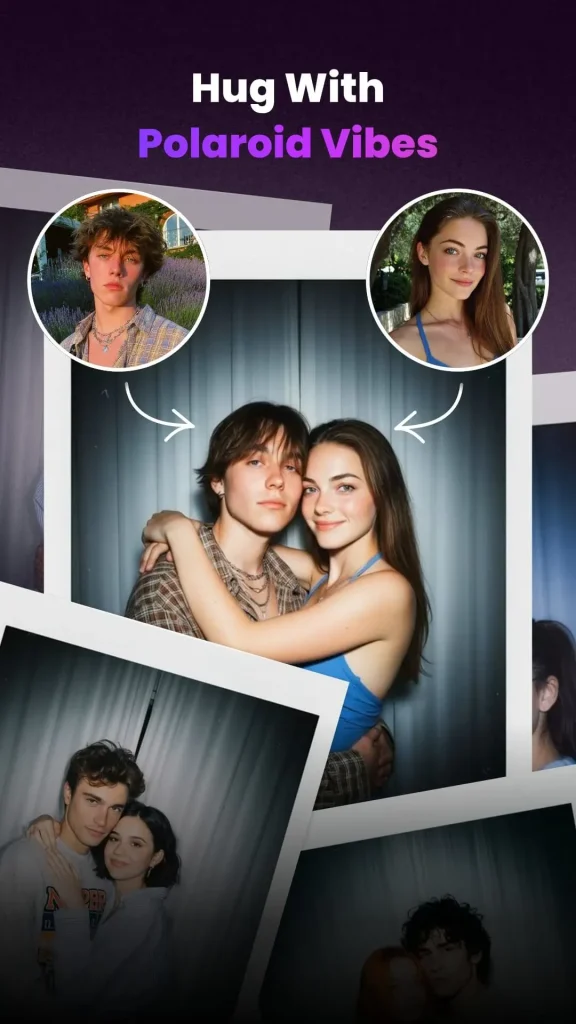 Clipfly AI hug video effect with polaroid style photo animation